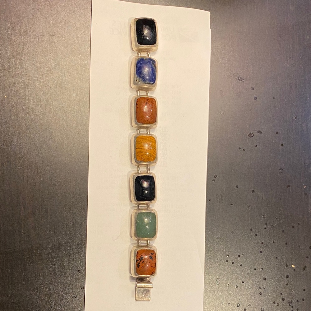 Vintage taxco mexico multi stone heavy sterling bracelet 7.5”